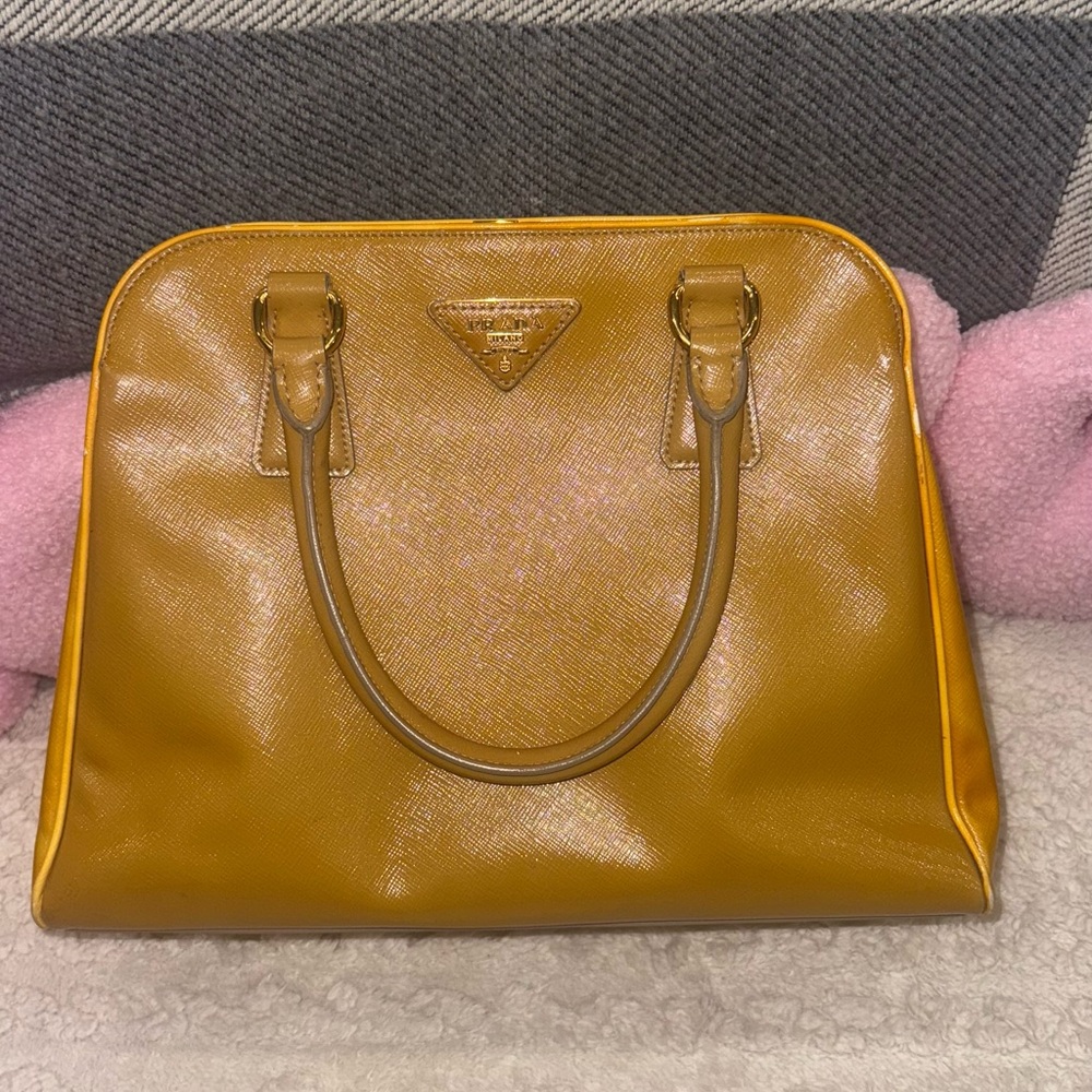 Prada Pyramid Patent Yellow Leather Satchel Top Handles  Dual Handles Hangbag